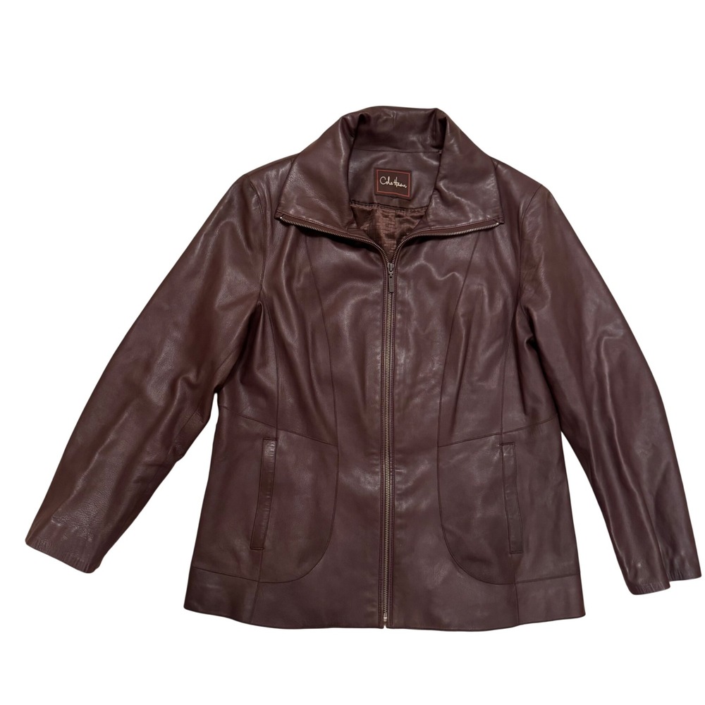 Cole Haan Y2K Brown Luxe Lambskin Leather Zip Jacket Moto Tailored Classic Sz L